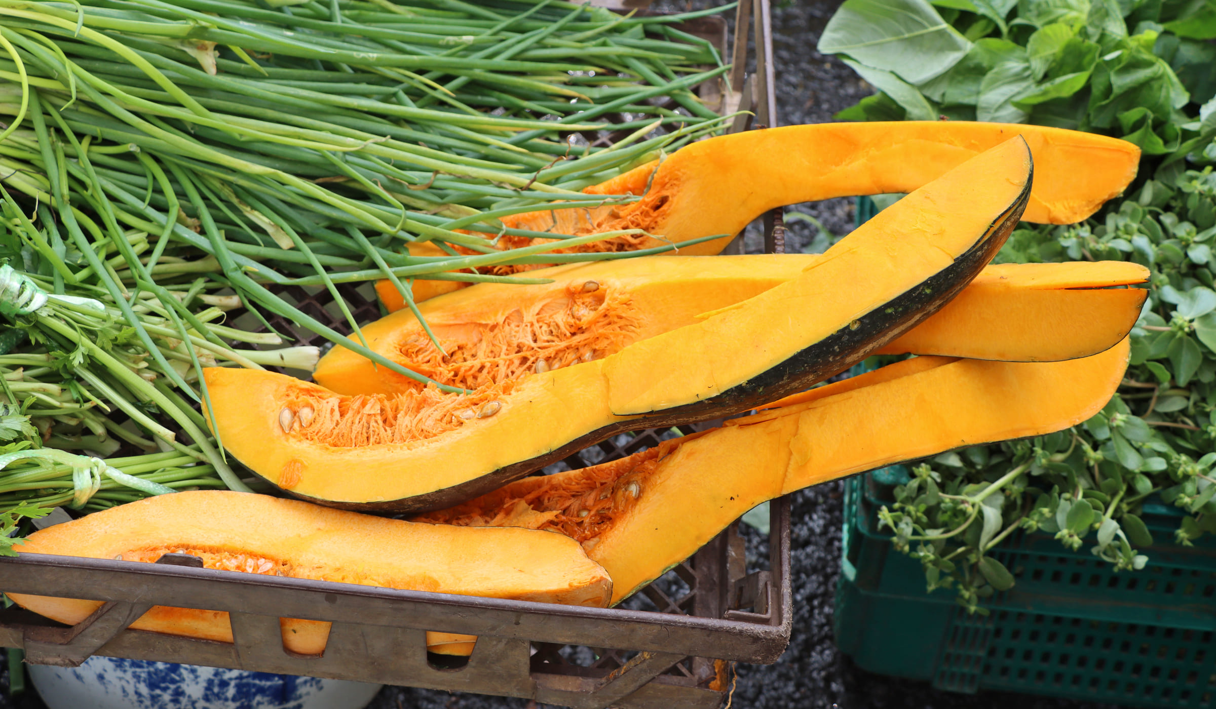 Turban Squash pieces for sale at Fort-de-France market