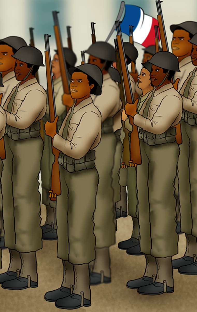 Bataillon antillais prêts pour la guerre avec le drapeau français