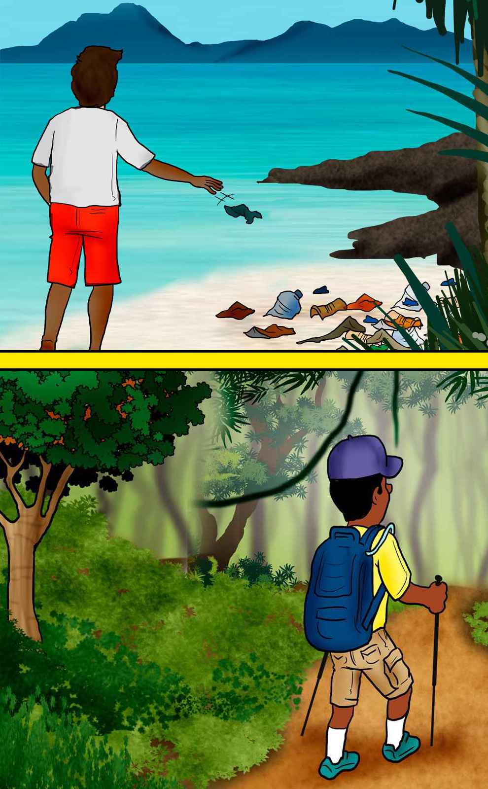 Illustration d'un homme en train de jeter des dechets dans la nature et d'un autre en train de se promener dans une forêt propre.