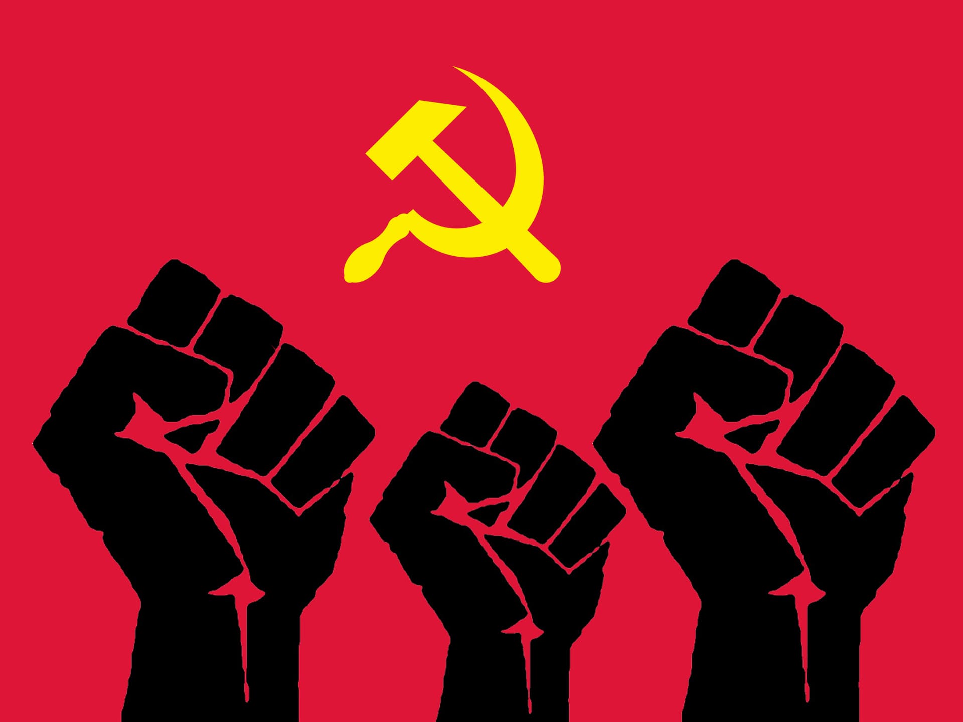 Illustration de poings fermés levés vers le ciel avec la bannière communiste