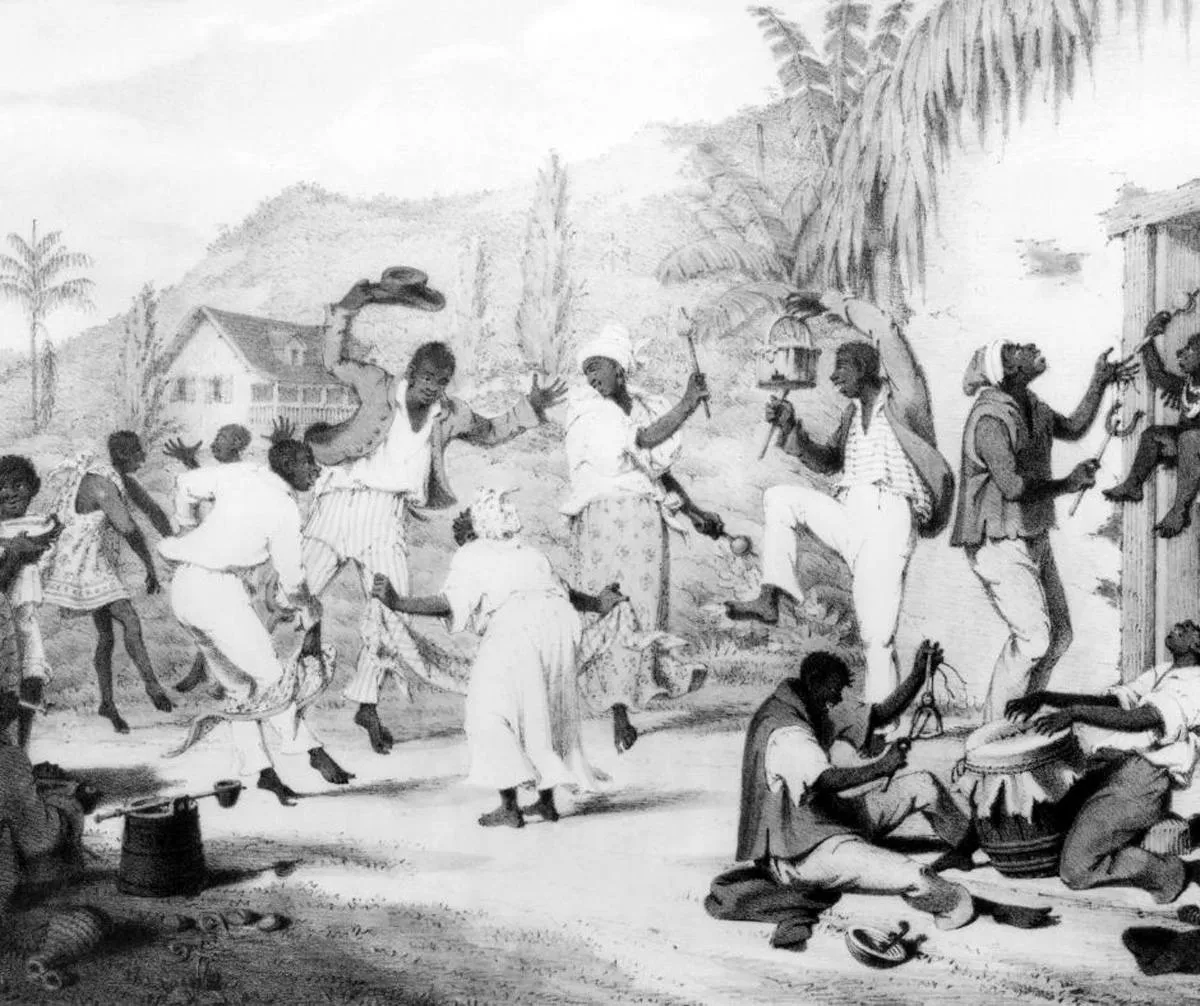 Slaves dancing in the hut district