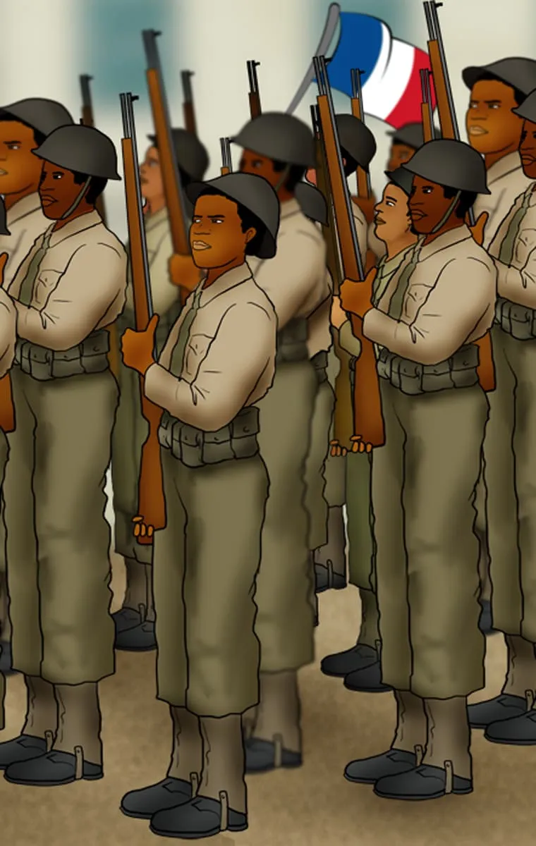 Bataillon antillais prêts pour la guerre avec le drapeau français