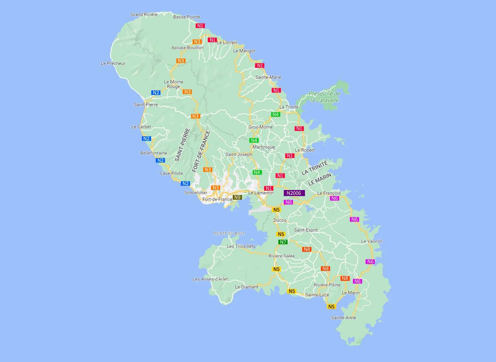 Carte des routes de la Martinique (Google Maps)
