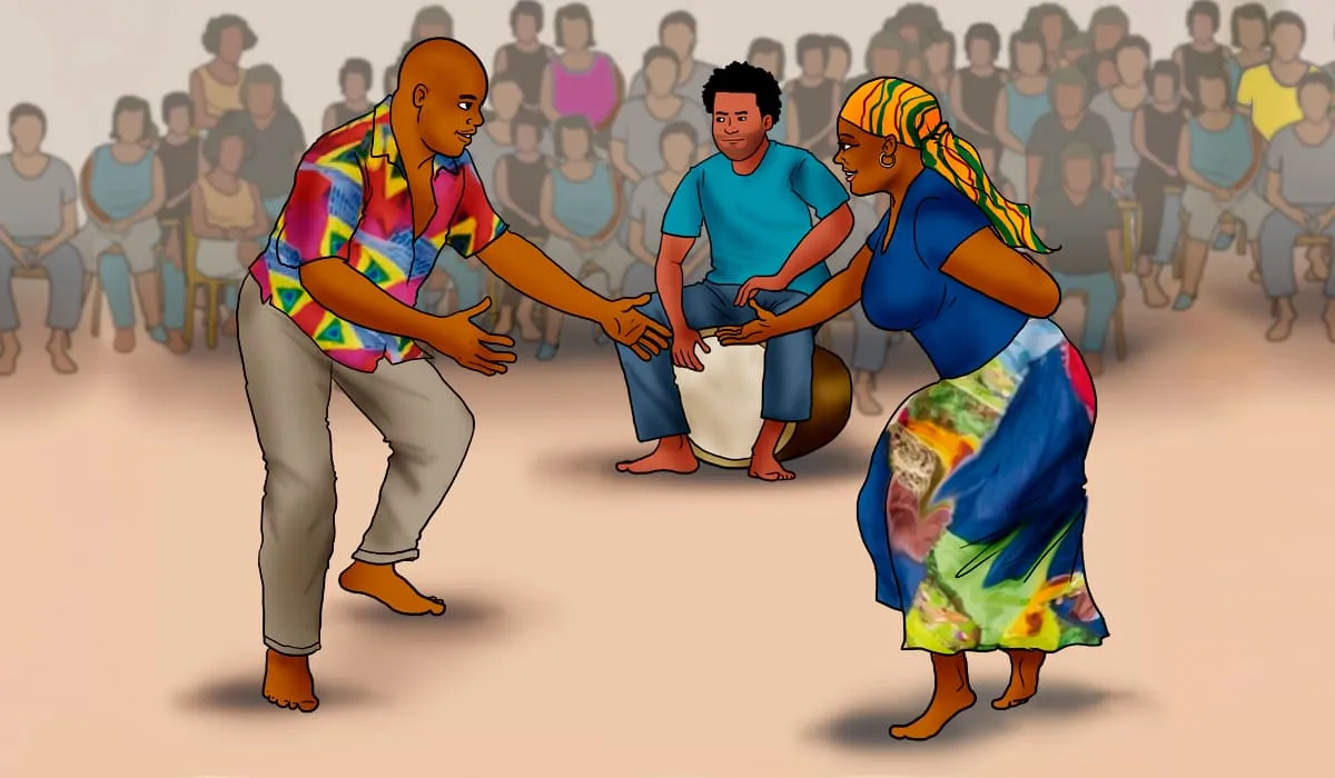 Bèlè dancers with drum player