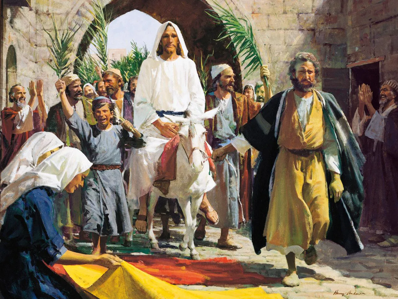 Jesus riding a donkey as he enters Jerusalem